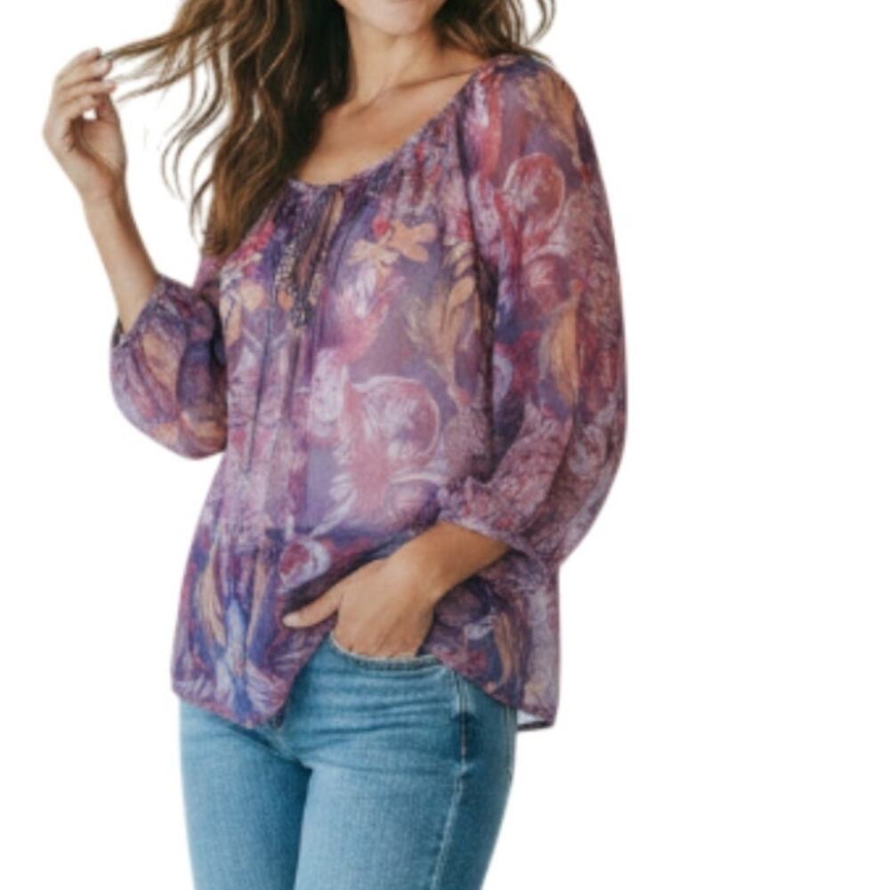 PRINCESS VERA WANG Floral Peasant Flowy Sheer Blouse Sz L Purple Coastal Boho